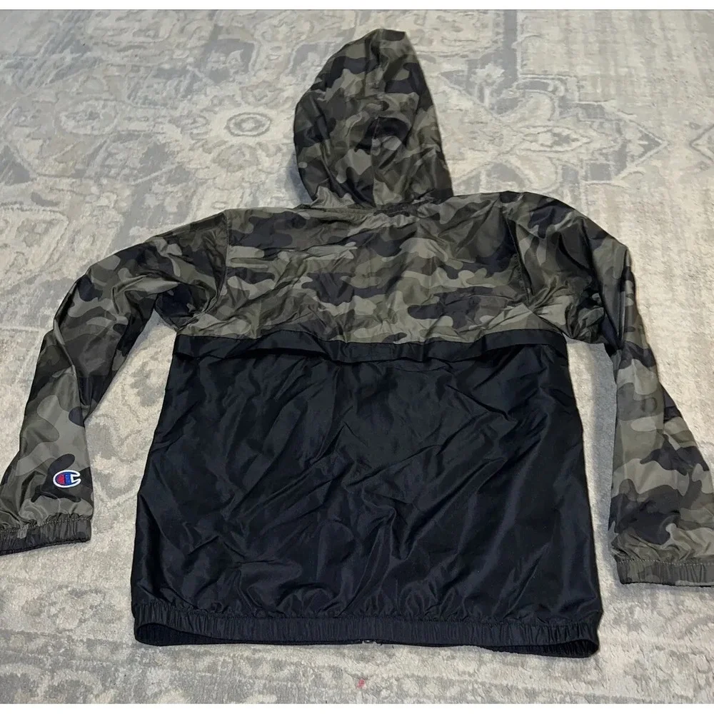 Champion Jacket Youth Medium Black Gray Windbreaker‎ Camouflage Hooded Kids Boys